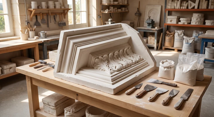 Chantier intérieur en cours, cloison en plaques de plâtre type BA13 vissées sur ossature métallique, formant un muret bas avec ouverture style passe-plat