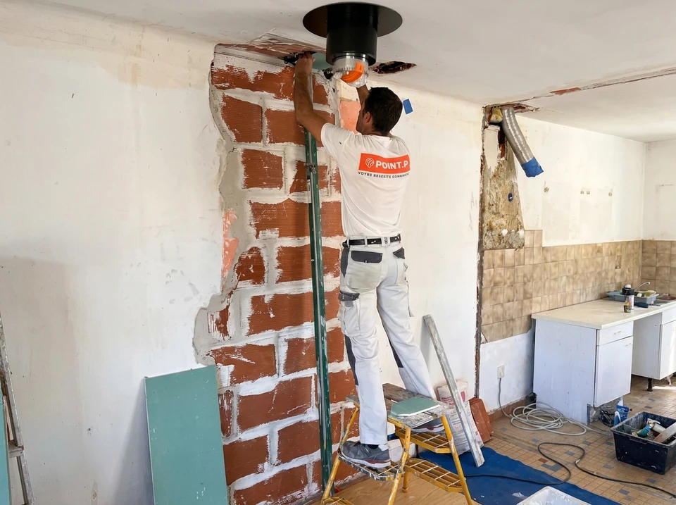Artisan appliquant du plâtre sur une niche architecturale en arc brisé, à l'aide d'une taloche en bois